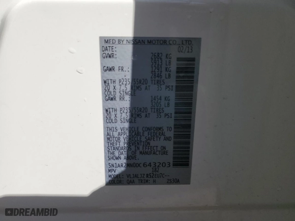 2013 Nissan Pathfinder SL with VIN 5N1AR2MN0DC643203, listed as a Copart auction lot 45785535 with 160,370 mi miles and Salvage Title. Bid and sale history available at carsss.com. Image 13.