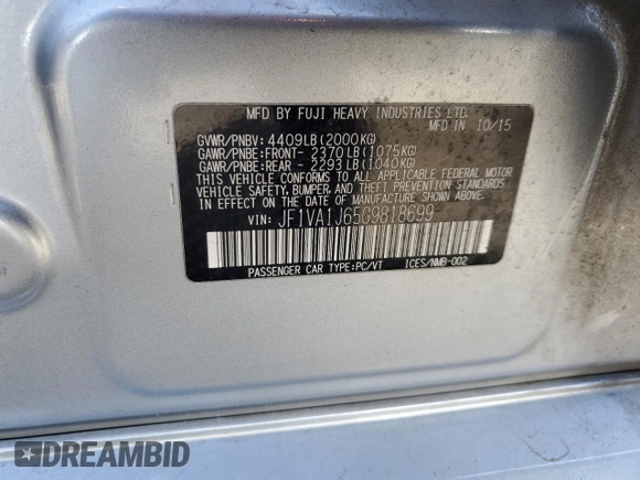 2016 Subaru WRX Limited with VIN JF1VA1J65G9818699, listed as a Copart auction lot 52116595 with 123,247 mi miles and Salvage title. Bid and sale history available at DreamBid. Image 12.