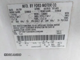 2009 Ford F-150 XL with VIN 1FTRF14W89KC08249, listed as a IAAI auction lot 42284374 with 278,826 mi miles and . Bid and sale history available at DreamBid. Image 9.