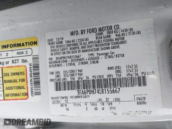 2020 Ford Fusion SE with VIN 3FA6P0H74LR155667, listed as a IAAI auction lot 41482612 with Not provided miles and . Bid and sale history available at DreamBid. Image 9.