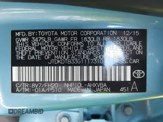 2016 Toyota Prius One with VIN JTDKDTB33G1117310, listed as a IAAI auction lot 41521947 with Not Provided miles. Bid and sale history available at carsss.com. Image 9.
