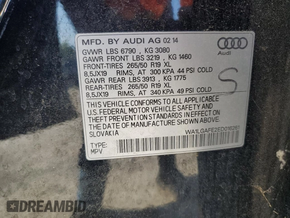 2014 Audi Q7 Premium Plus with VIN WA1LGAFE2ED016261, listed as a Copart auction lot 61094905 with 187,357 mi miles and Clean title. Bid and sale history available at DreamBid. Image 14.