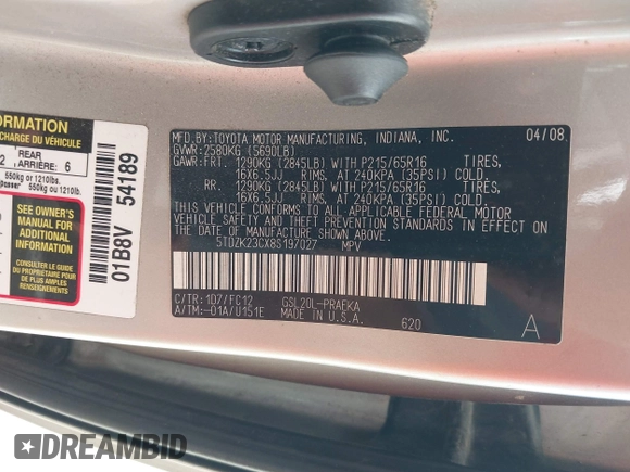 2008 Toyota Sienna CE with VIN 5TDZK23CX8S197027, listed as a IAAI auction lot 41962530 with Not Provided miles and . Bid and sale history available at DreamBid. Image 9.