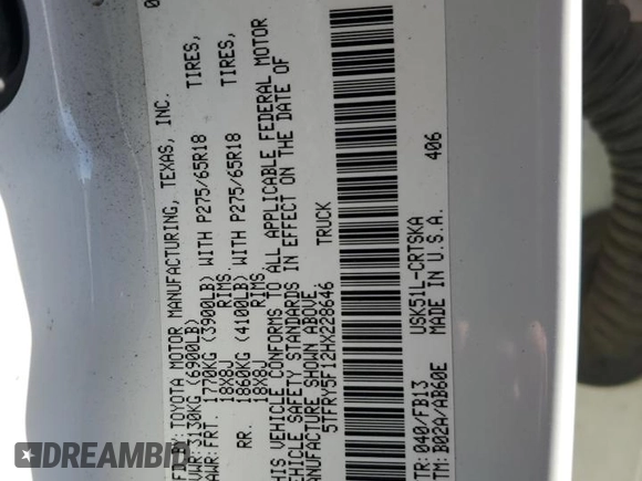 2017 Toyota Tundra 2WD SR5 with VIN 5TFRY5F12HX228646, listed as a Copart auction lot 73630424 with 286,551 mi miles and Salvage Title. Bid and sale history available at carsss.com. Image 13.