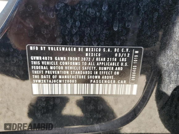 2012 Volkswagen Jetta S with VIN 3VW2K7AJ6CM120063, listed as a Copart auction lot 60513255 with 171,747 mi miles and Salvage title. Bid and sale history available at DreamBid. Image 13.