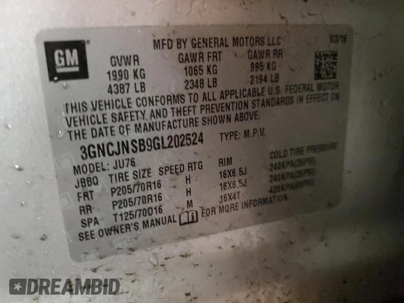 2016 Chevrolet Trax LS with VIN 3GNCJNSB9GL202524, listed as a Copart auction lot 45975465 with 118,156 mi miles and Clean Title. Bid and sale history available at carsss.com. Image 13.