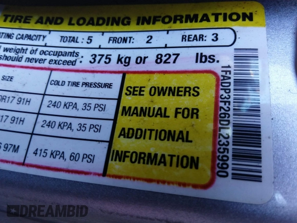 2013 Ford Focus SE with VIN 1FADP3F26DL235990, listed as a IAAI auction lot 41759160 with 120,715 mi miles. Bid and sale history available at carsss.com. Image 9.