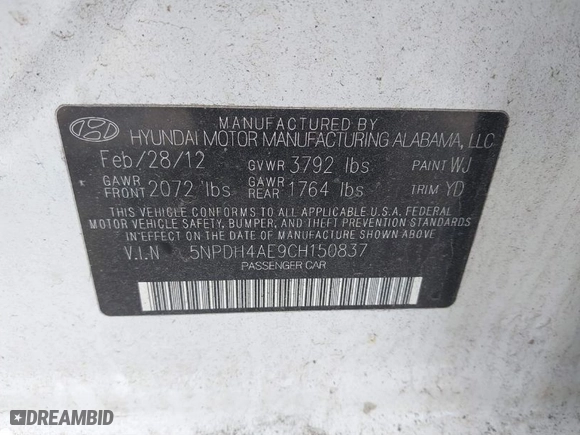 2012 Hyundai Elantra GLS PZEV with VIN 5NPDH4AE9CH150837, listed as a IAAI auction lot 41888818 with 86,210 mi miles. Bid and sale history available at carsss.com. Image 9.