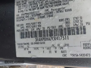 2012 Ford Fusion SE with VIN 3FAHP0HA7CR417511, listed as a IAAI auction lot 42436962 with 266,721 mi miles and . Bid and sale history available at DreamBid. Image 9.