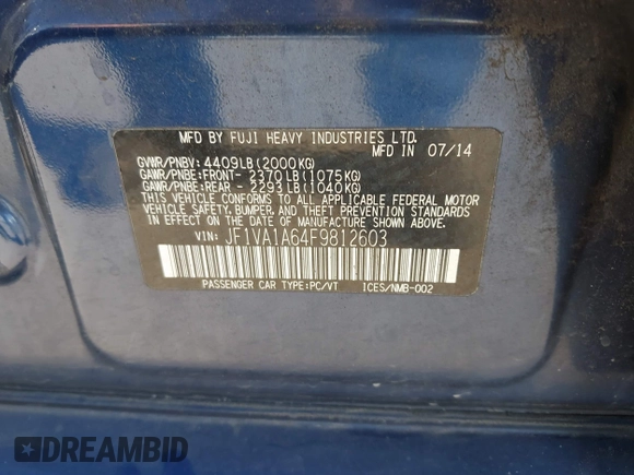 2015 Subaru WRX with VIN JF1VA1A64F9812603, listed as a IAAI auction lot 42012048 with 131,899 mi miles. Bid and sale history available at carsss.com. Image 9.
