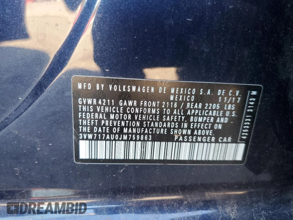 2018 Volkswagen Golf с VIN 3VW717AU0JM759863, выставлен на аукционе Copart как лот 42363785 с пробегом 60 708 миль миль и Списание • Salvage title. История ставок и продаж доступна на DreamBid. Изображение 13.