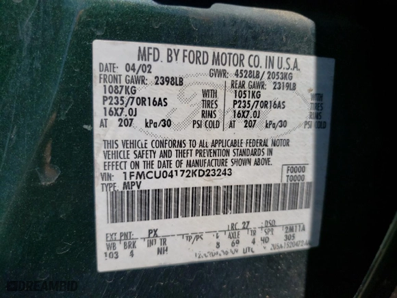2002 Ford Escape Limited with VIN 1FMCU04172KD23243, listed as a Copart auction lot 57082104 with 153,480 mi miles and Clean Title. Bid and sale history available at carsss.com. Image 13.
