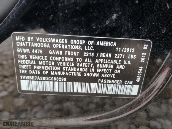2013 Volkswagen Passat SE w/Sunroof with VIN 1VWBH7A38DC063299, listed as a Copart auction lot 87949495 with 0 mi miles and Salvage Title. Bid and sale history available at carsss.com. Image 14.