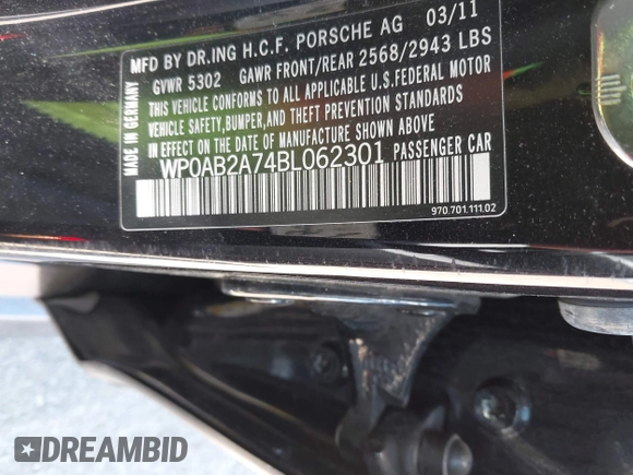 2011 Porsche Panamera S with VIN WP0AB2A74BL062301, listed as a IAAI auction lot 42132158 with 202,831 mi miles and . Bid and sale history available at DreamBid. Image 9.