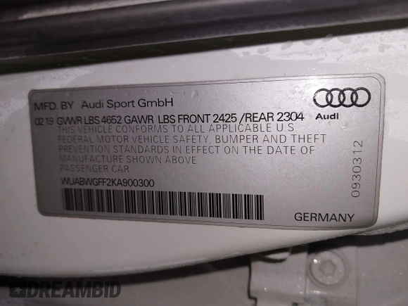 2019 Audi RS 3 z VIN WUABWGFF2KA900300, wystawiony jako IAAI lot #41553334 z przebiegiem 46 004 mil mil oraz . Historia ofert i sprzedaży dostępna na DreamBid. Obrazek 9.