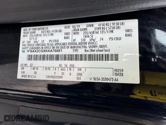2019 Ford Transit Passenger XL with VIN 1FBAX2CGXKKA76681, listed as a Copart auction lot 86907744 with 165,450 mi miles and Clean Title. Bid and sale history available at carsss.com. Image 10.