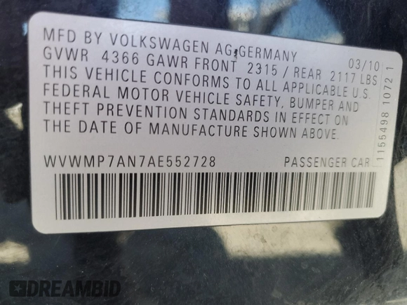 2010 Volkswagen CC Sport with VIN WVWMP7AN7AE552728, listed as a Copart auction lot 50273095 with 212,397 mi miles and Salvage Title. Bid and sale history available at carsss.com. Image 14.