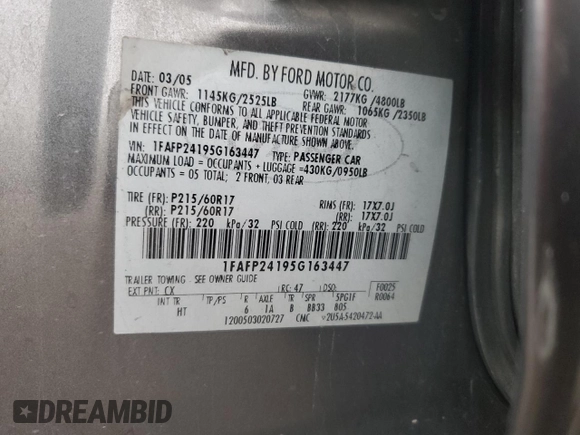 2005 Ford Five Hundred SEL with VIN 1FAFP24195G163447, listed as a Copart auction lot 81082594 with 257,955 mi miles and Salvage Title. Bid and sale history available at carsss.com. Image 12.