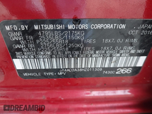 2017 Mitsubishi Outlander ES с VIN JA4AD2A38HZ011309, выставлен на аукционе IAAI как лот 40504306 с пробегом 175 718 миль миль и . История ставок и продаж доступна на DreamBid. Изображение 9.