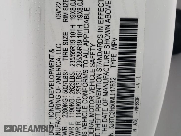 2022 Acura RDX Technology with VIN 5J8TC2H50NL017632, listed as a Copart auction lot 57213075 with 43,919 mi miles and Salvage title. Bid and sale history available at DreamBid. Image 13.