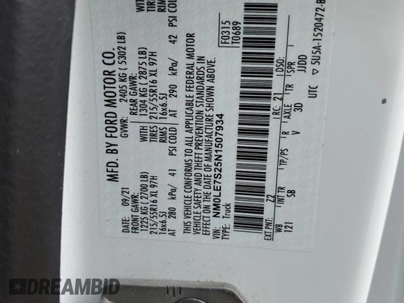 2022 Ford Transit Connect XL с VIN NM0LE7S25N1507934, выставлен на аукционе Copart как лот 53612244 с пробегом 26 108 миль миль и Списание • Salvage title. История ставок и продаж доступна на DreamBid. Изображение 13.