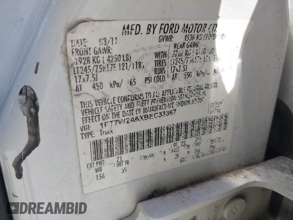 2011 Ford F-250 XL with VIN 1FT7W2A6XBEC33367, listed as a IAAI auction lot 42588558 with 244,803 mi miles and . Bid and sale history available at DreamBid. Image 9.