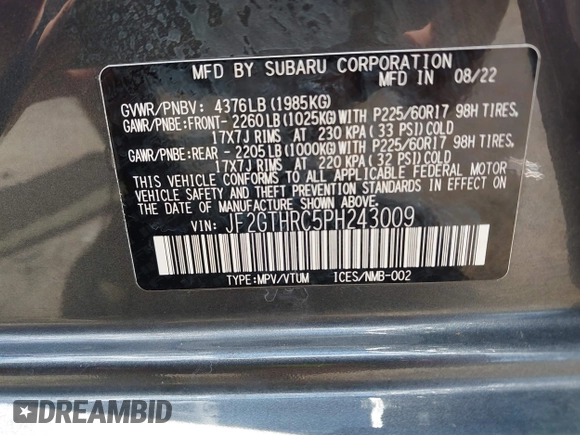 2023 Subaru Crosstrek Special Sports with VIN JF2GTHRC5PH243009, listed as a IAAI auction lot 42661791 with 37,421 mi miles and . Bid and sale history available at DreamBid. Image 9.