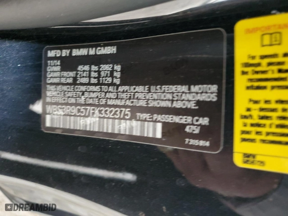 2015 BMW M4 with VIN WBS3R9C57FK332375, listed as a Copart auction lot 48154365 with 84,370 mi miles and Salvage Title. Bid and sale history available at carsss.com. Image 13.