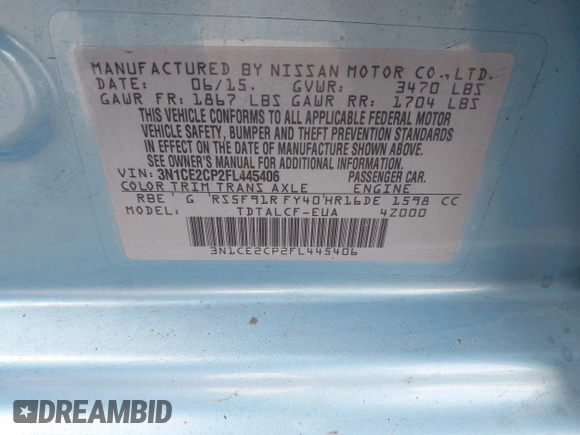 2015 Nissan Note SV with VIN 3N1CE2CP2FL445406, listed as a IAAI auction lot 42177178 with 113,842 mi miles and . Bid and sale history available at DreamBid. Image 9.