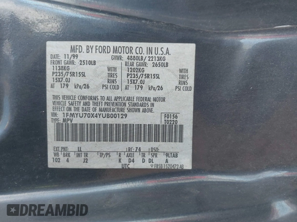 2000 Ford Explorer с VIN 1FMYU70X4YUB00129, выставлен на аукционе IAAI как лот 41261191 с пробегом 192 446 миль миль и . История ставок и продаж доступна на DreamBid. Изображение 9.