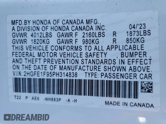 2023 Honda Civic Touring z VIN 2HGFE1F95PH314838, wystawiony jako Copart lot #52545085 z przebiegiem 29 863 mil mil oraz Szkoda całkowita • Salvage title. Historia ofert i sprzedaży dostępna na DreamBid. Obrazek 13.