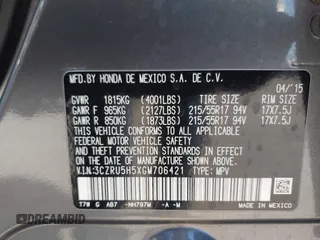 2016 Honda HR-V EX with VIN 3CZRU5H5XGM706421, listed as a IAAI auction lot 42077569 with 103,437 mi miles. Bid and sale history available at carsss.com. Image 9.