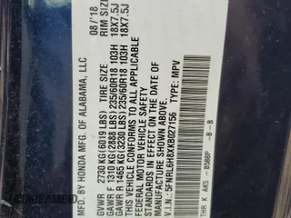 2019 Honda Odyssey Touring z VIN 5FNRL6H8XKB027156, wystawiony jako Copart lot #60735455 z przebiegiem 100 044 mil mil oraz Szkoda całkowita • Salvage title. Historia ofert i sprzedaży dostępna na DreamBid. Obrazek 13.