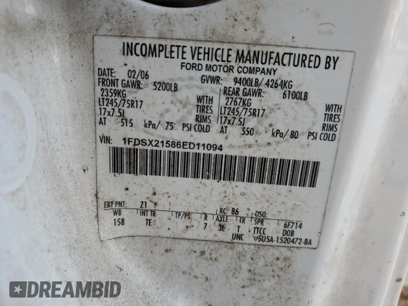 2006 Ford F-250 with VIN 1FDSX21586ED11094, listed as a Copart auction lot 86513434 with Not provided miles and Non repairable. Bid and sale history available at DreamBid. Image 12.