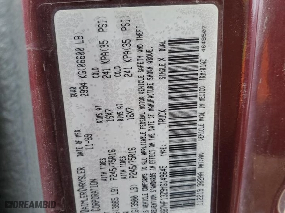 2000 Dodge Ram 1500 with VIN 3B7HF13Z9YG149645, listed as a Copart auction lot 87197624 with 244,846 mi miles and Salvage Title. Bid and sale history available at carsss.com. Image 12.