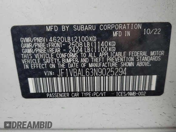 2022 Subaru WRX Limited z VIN JF1VBAL63N9025294, wystawiony jako Copart lot #58895705 z przebiegiem 19 644 mil mil oraz Szkoda całkowita • Salvage title. Historia ofert i sprzedaży dostępna na DreamBid. Obrazek 12.