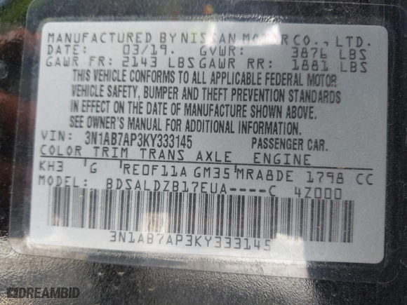 2019 Nissan Sentra SR with VIN 3N1AB7AP3KY333145, listed as a IAAI auction lot 41939140 with 123,502 mi miles. Bid and sale history available at carsss.com. Image 9.