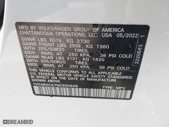 2022 Volkswagen Atlas 3.6L V6 SEL R-Line with VIN 1V2AR2CA7NC550648, listed as a IAAI auction lot 41974370 with 48,378 mi miles. Bid and sale history available at carsss.com. Image 9.