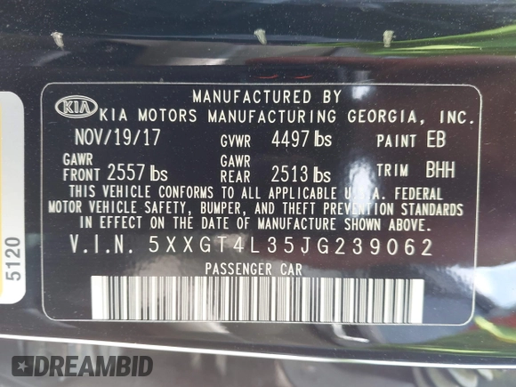 2018 Kia Optima LX with VIN 5XXGT4L35JG239062, listed as a IAAI auction lot 42457308 with 137,280 mi miles and . Bid and sale history available at DreamBid. Image 9.