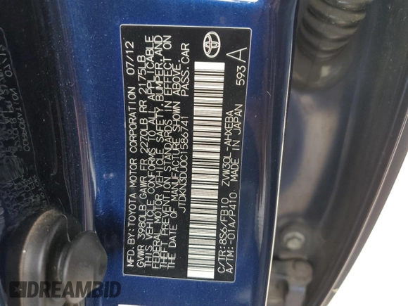 2012 Toyota Prius One with VIN JTDKN3DU0C1586741, listed as a Copart auction lot 54766485 with 222,126 mi miles and Clean Title. Bid and sale history available at DreamBid. Image 12.