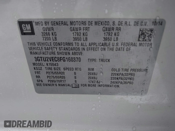2015 GMC Sierra 1500 SLT with VIN 3GTU2VEC8FG160370, listed as a IAAI auction lot 41532702 with 112,129 mi miles and . Bid and sale history available at DreamBid. Image 9.
