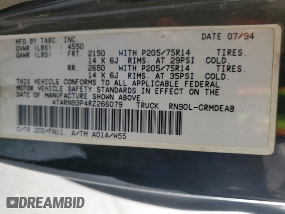 1994 Toyota Pickup with VIN 4TARN93P4RZ266079, listed as a Copart auction lot 52375385 with 165,824 mi miles and Clean title. Bid and sale history available at DreamBid. Image 12.