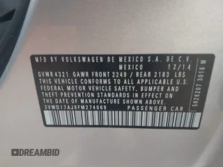 2015 Volkswagen Jetta SE with VIN 3VWD17AJ9FM274069, listed as a IAAI auction lot 42103263 with 76,984 mi miles and . Bid and sale history available at DreamBid. Image 9.