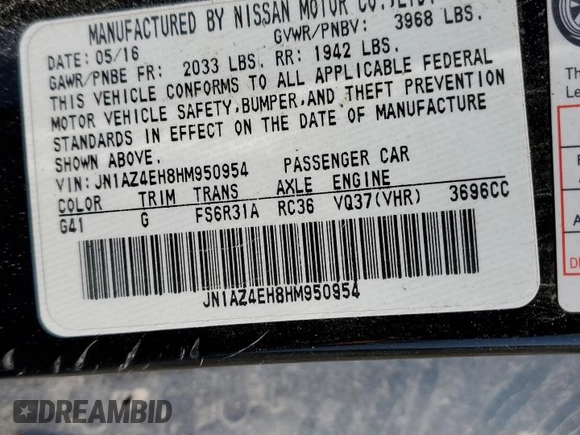 2017 Nissan 370Z with VIN JN1AZ4EH8HM950954, listed as a Copart auction lot 88715405 with 34,501 mi miles and Salvage title. Bid and sale history available at DreamBid. Image 12.