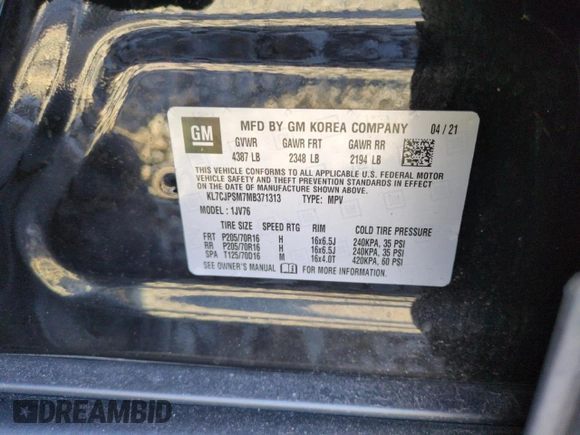 2021 Chevrolet Trax LT with VIN KL7CJPSM7MB371313, listed as a Copart auction lot 48622595 with 64,107 mi miles and Salvage Title. Bid and sale history available at carsss.com. Image 12.
