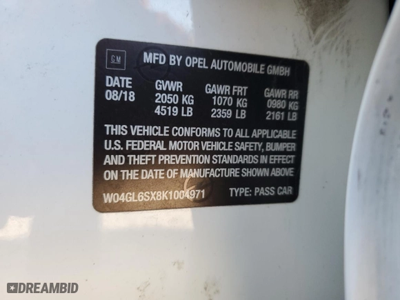 2019 Buick Regal Sportback Preferred with VIN W04GL6SX8K1004971, listed as a Copart auction lot 83454804 with 0 mi miles and Salvage Title. Bid and sale history available at carsss.com. Image 13.