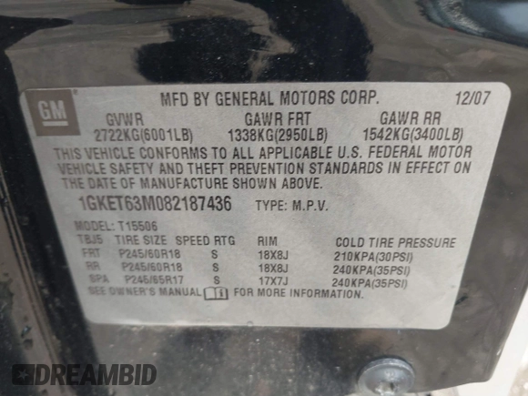 2008 GMC Envoy Denali with VIN 1GKET63M082187436, listed as a IAAI auction lot 41726422 with 195,918 mi miles. Bid and sale history available at carsss.com. Image 9.