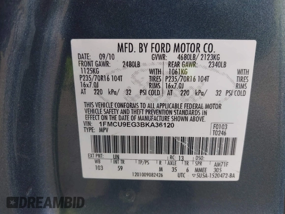 2011 Ford Escape Limited with VIN 1FMCU9EG3BKA36120, listed as a IAAI auction lot 42107881 with 127,226 mi miles and . Bid and sale history available at DreamBid. Image 9.