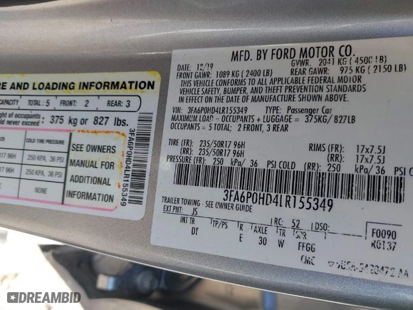 2020 Ford Fusion SE with VIN 3FA6P0HD4LR155349, listed as a IAAI auction lot 41510558 with 85,454 mi miles. Bid and sale history available at carsss.com. Image 9.
