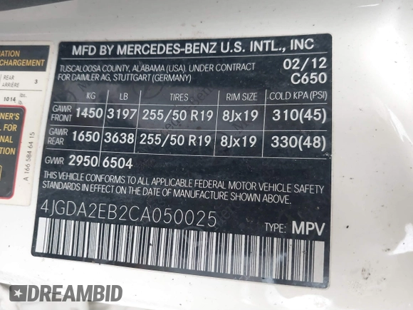 2012 Mercedes-Benz M 350 with VIN 4JGDA2EB2CA050025, listed as a IAAI auction lot 41743015 with Not Provided miles and . Bid and sale history available at DreamBid. Image 9.